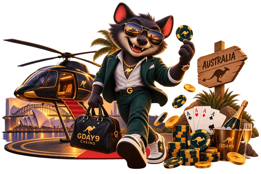 GDay9 Casino mascot with chips and a branded bag on the Sydney waterfront